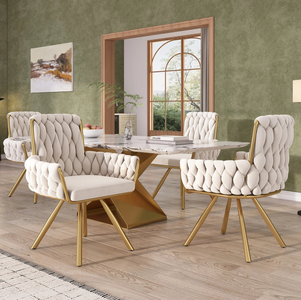 Set di 4 sedie girevoli in velluto beige con schienale alto e braccioli