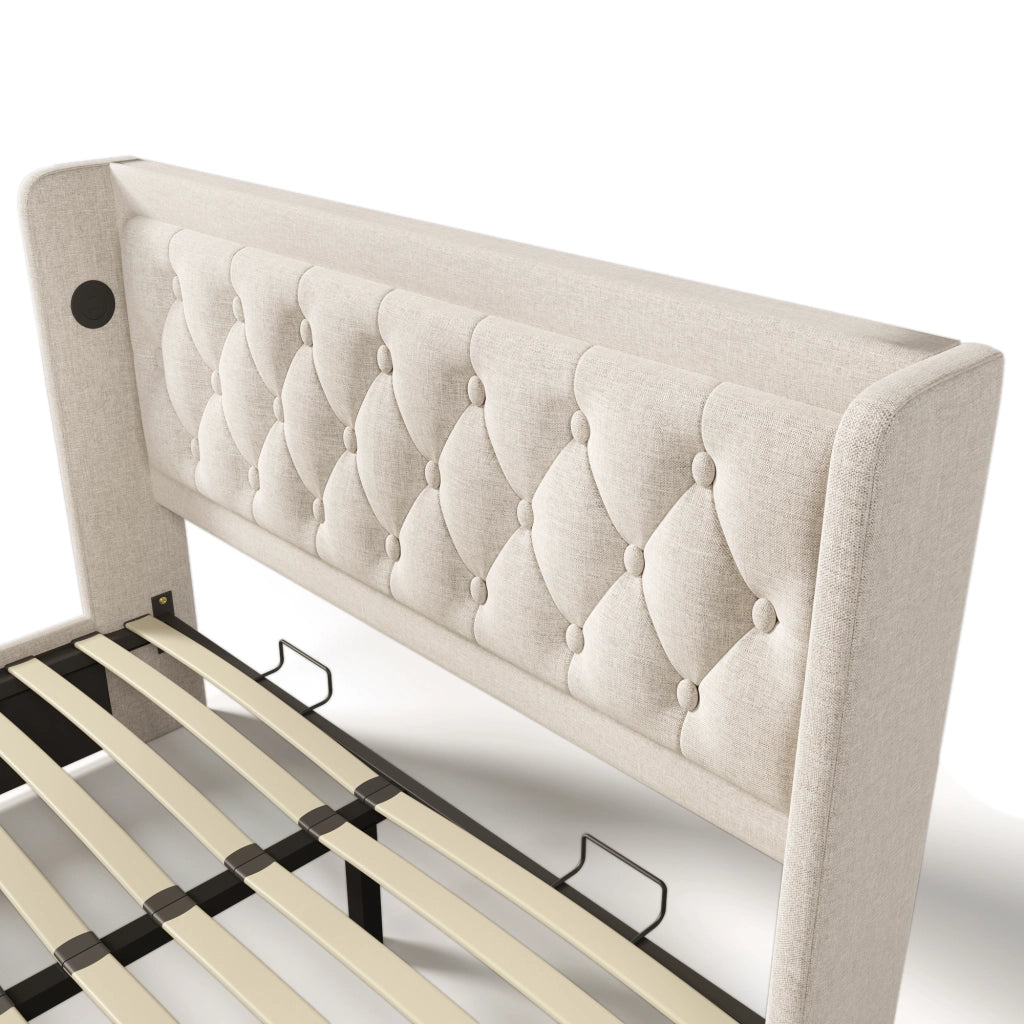 Letti contenitori 140x200 cm con contenitore; USB Type-C e LED; cotone beige (Senza materasso)