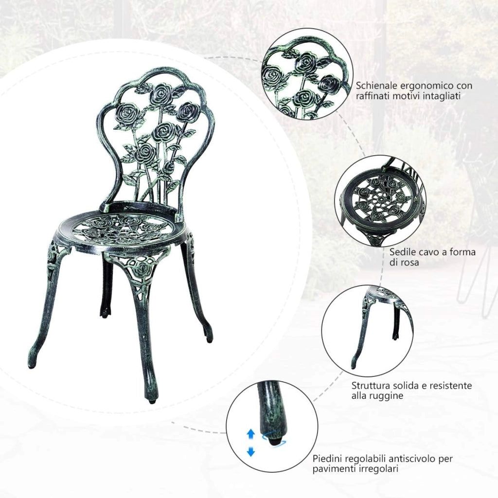 Set Tavolino e Sedie da Giardino, Set da Bistro con Sedie in Alluminio e Ghisa, Mobile da Esterno con Tavolino Rotondo e 2 Sedie, Tavolino Portato 45 kg, Sedia Portata 150 kg (Verde)