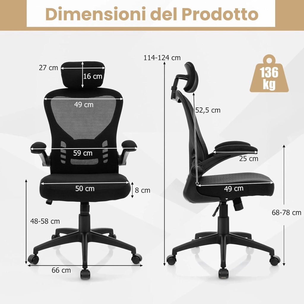 Sedia da Ufficio Ergonomica in Rete, Sedia Direzionale con Altezza Regolabile, Braccioli Ribaltabili, Poggiatesta e Supporto Lombare Regolabili, Sedia Girevole per Studio Casa, Portata 135 kg