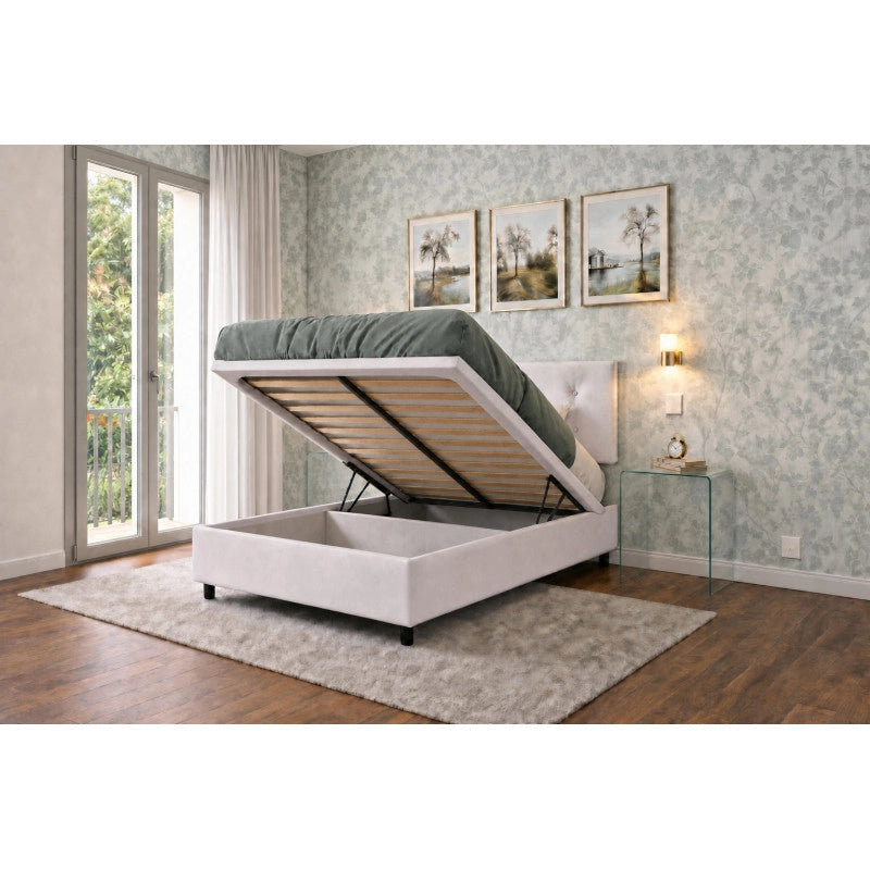 Letto imbottito Piazza e mezzo 120x190 cm Button - Bianco,Similpelle,Contenitore