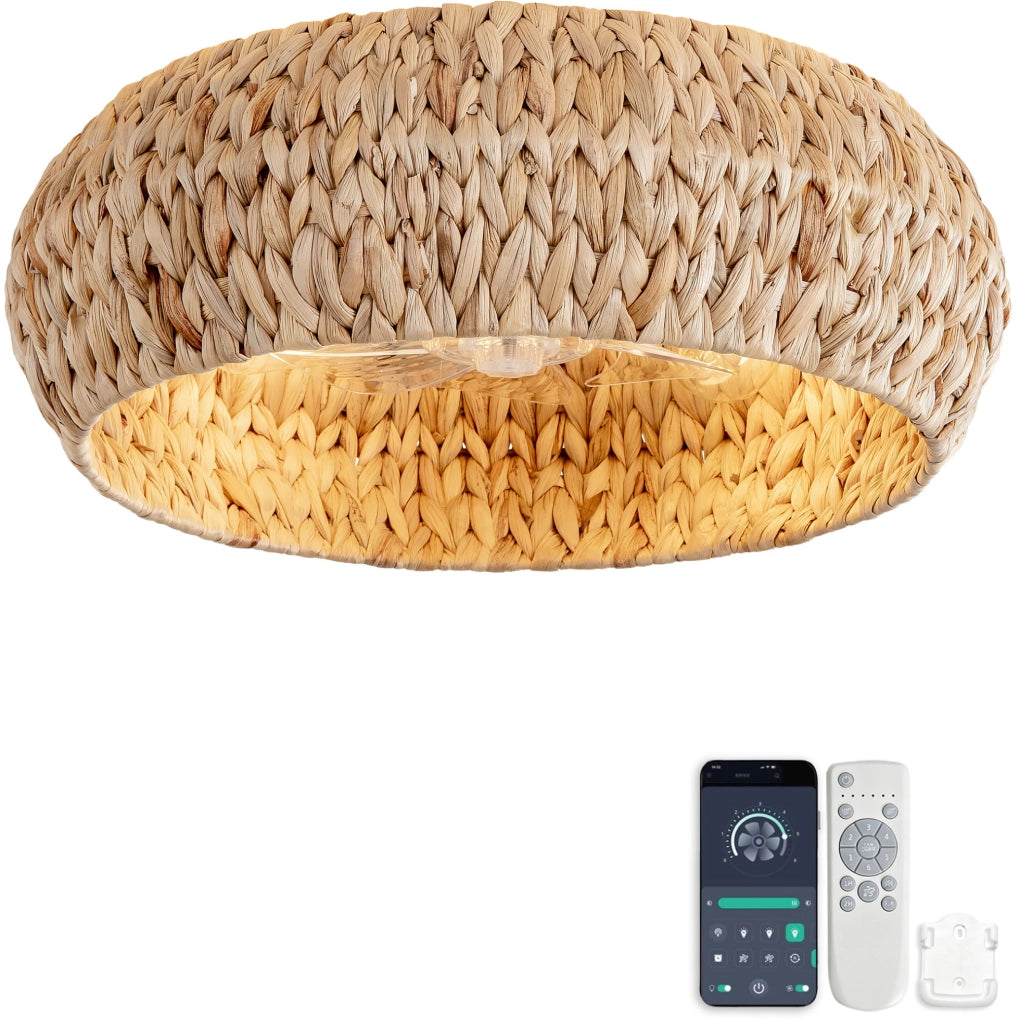 Plafoniera ventilatore da soffitto 19 pollici in rattan con controllo Bluetooth e telecomando; rame