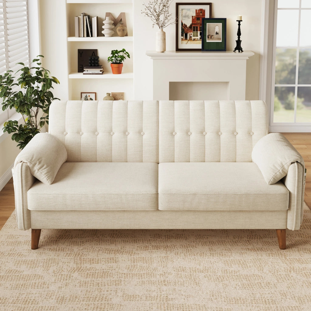Divano a 2 posti in ciniglia beige con cuscini bracciolo; tasche laterali e gambe in legno; 161;5 cm