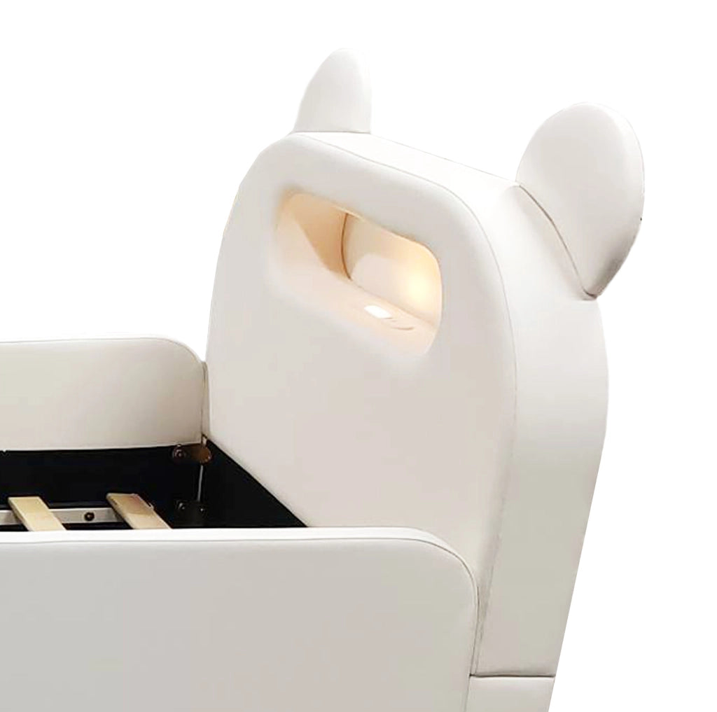 Letto imbottito per bambini 90 x 200 cm con testiera a orsetto; contenitore; luce notturna e USB; bianco