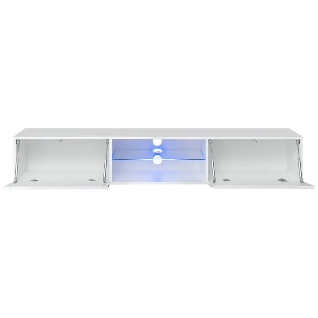 Mobile porta TV sospeso 180cm con 2 ante e nicchie illuminate, collezione SWITCH. Mobile di colore bianco.
