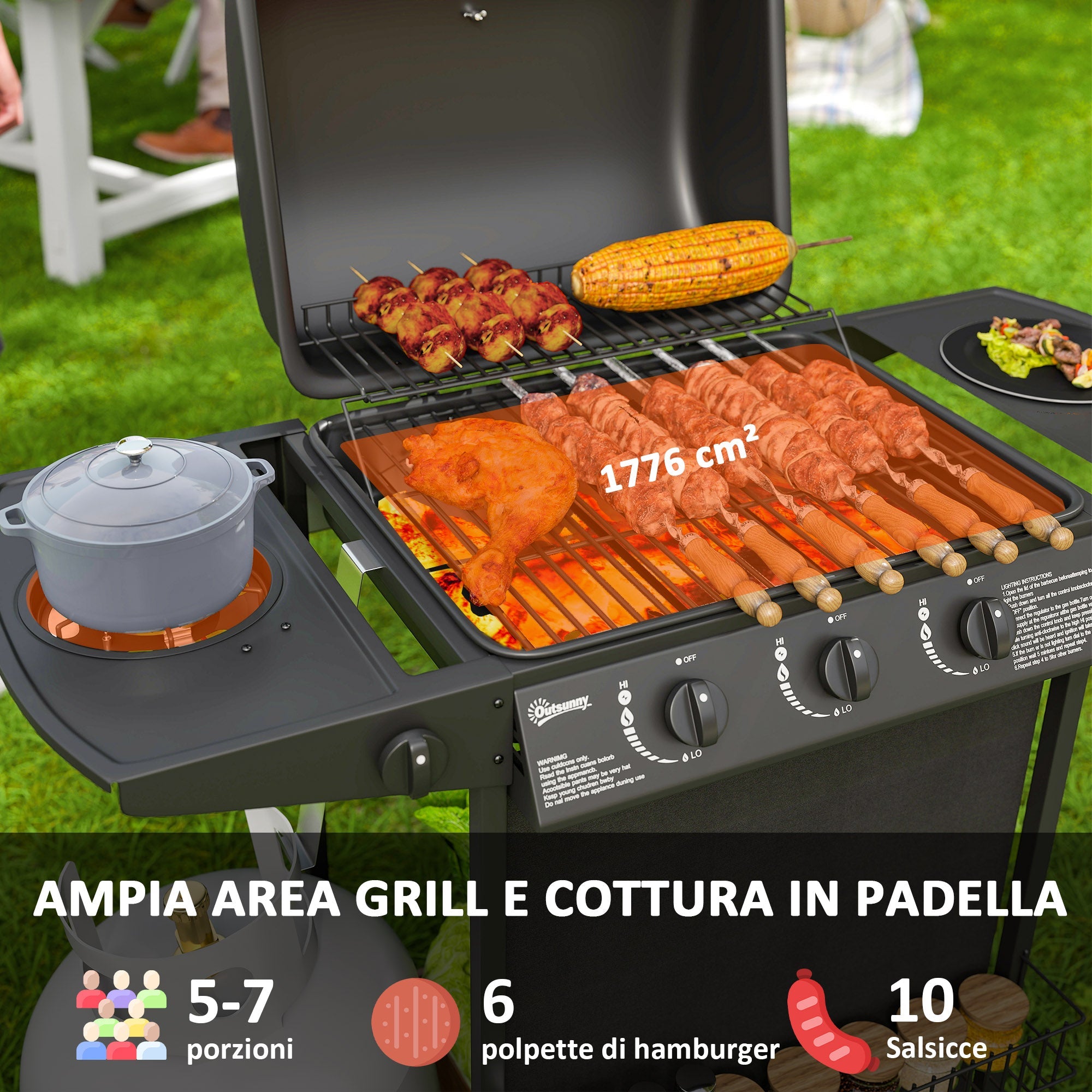Barbecue a Gas con 4 Bruciatori Indipendenti 108x54x97 cm Coperchio con Termometro Nero