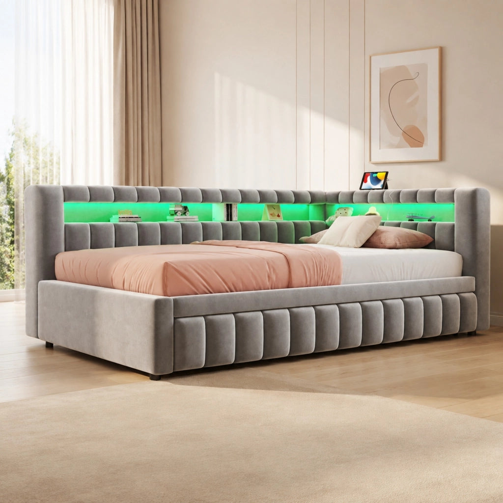 Letto a Divanetto 90x200 cm; Letto Singolo con LED; USB e Tipo C; in Velluto Grigio Chiaro