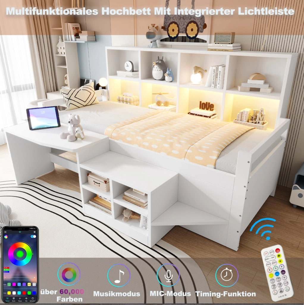 Letto multifunzionale 90x200 cm con scrivania; contenitori; LED e scala; bianco