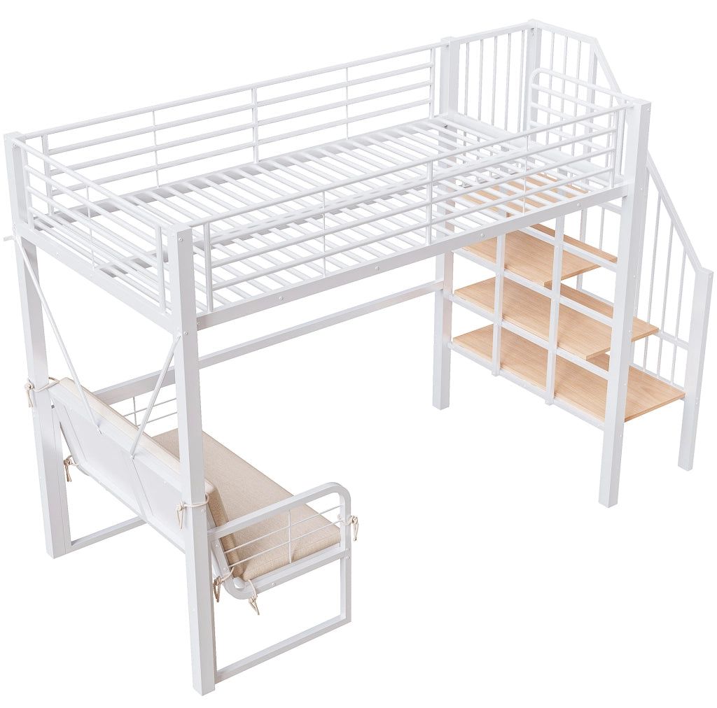 Letto a castello 90x200 cm in metallo e MDF bianco con divano imbottito; scala contenitore