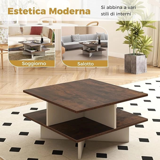 Tavolino da Caffè a 2 Livelli, Tavolo da Salotto con 4 Scomparti per Storage e Base a Croce, Tavolo Moderno per Studio, Ufficio e Soggiorno, Marrone e Bianco
