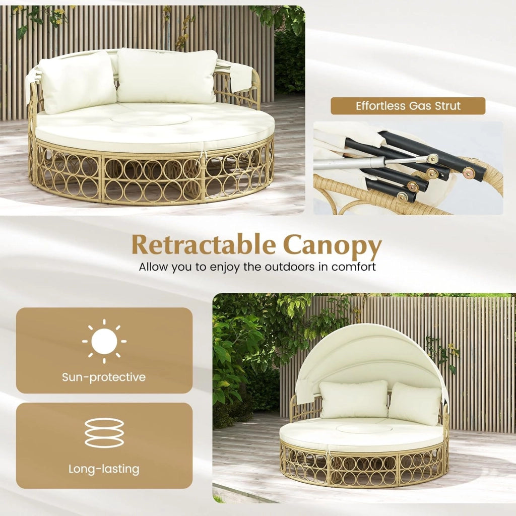 Divano letto rotondo con tenda retrattile, lettino modulare in rattan PE da 5 pezzi, set di mobili da giardino, 180x150 cm, per veranda, posteriore, piscina