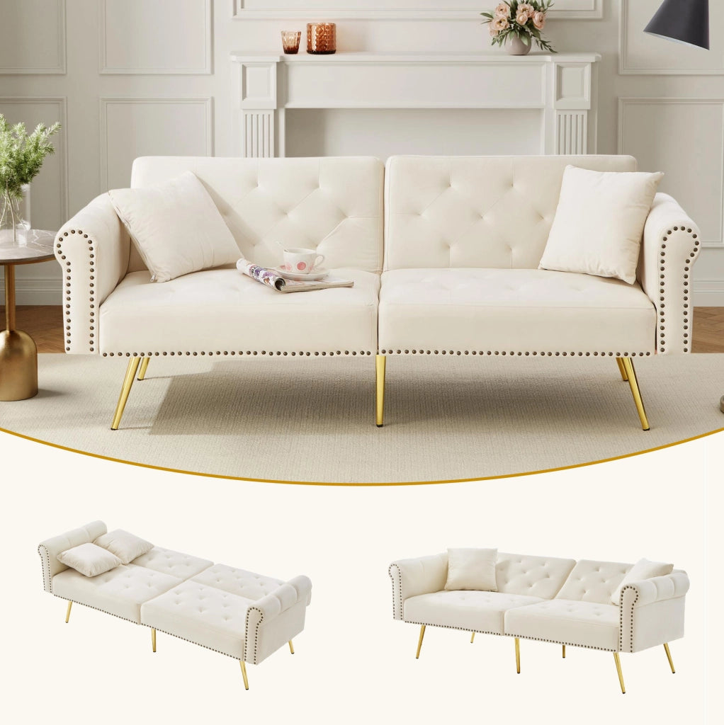 Divano letto 2 posti in velluto beige con schienale regolabile; 173x75x70 cm