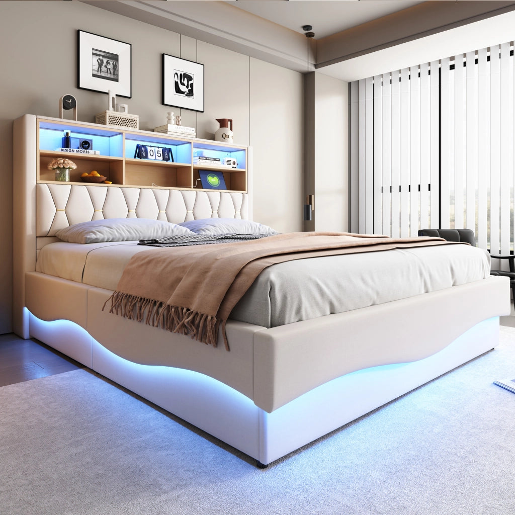 Letto Contenitore 180x200 cm Matrimoniale; LED; USB; con Testiera; in Ferro e Lino Beige