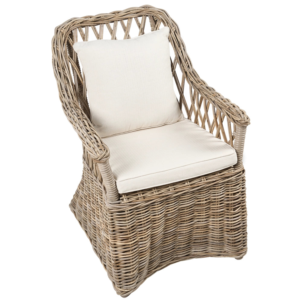 Poltrona da giardino in rattan naturale con cuscini dello schienale in cotone bianco sporco per interni ed esterni
