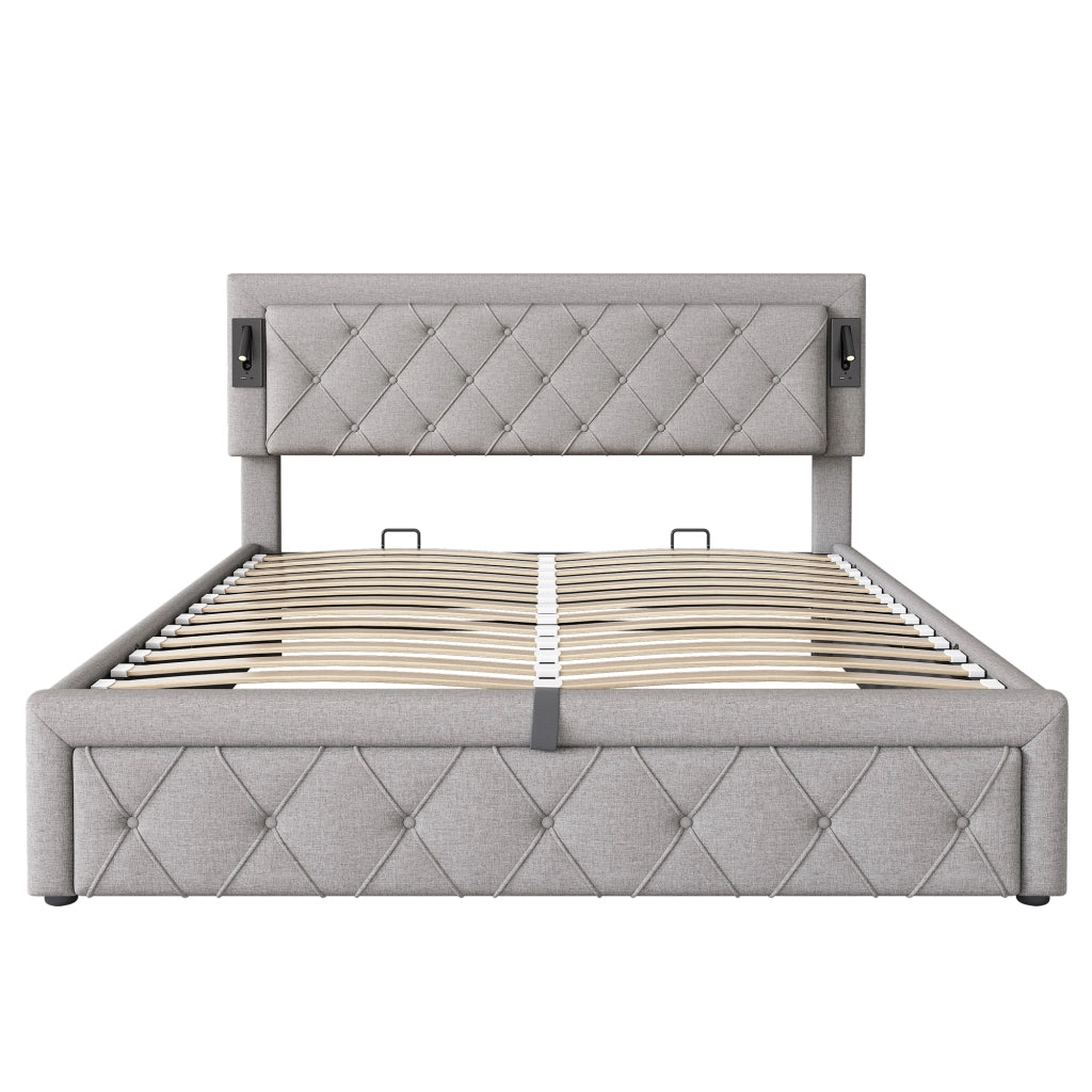 Letto imbottito matrimoniale 160x200 con luci laterali, porte USB, contenitore e rete a doghe in legno, grigio