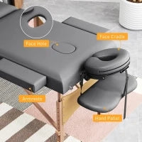 Lettino Massaggio Pieghevole in Legno a 3 Zone con Altezza Regolabile Poggiatesta Braccioli 215x60x64-89 cm Grigio