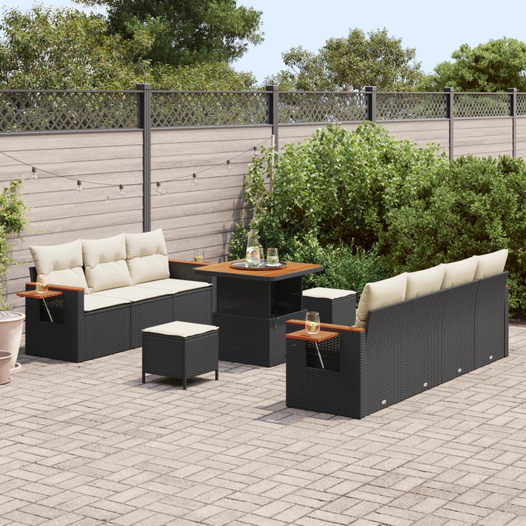 Set di Divano da Giardino  10 Pezzi con Cuscini Rattan Poliestere Nero Acacia