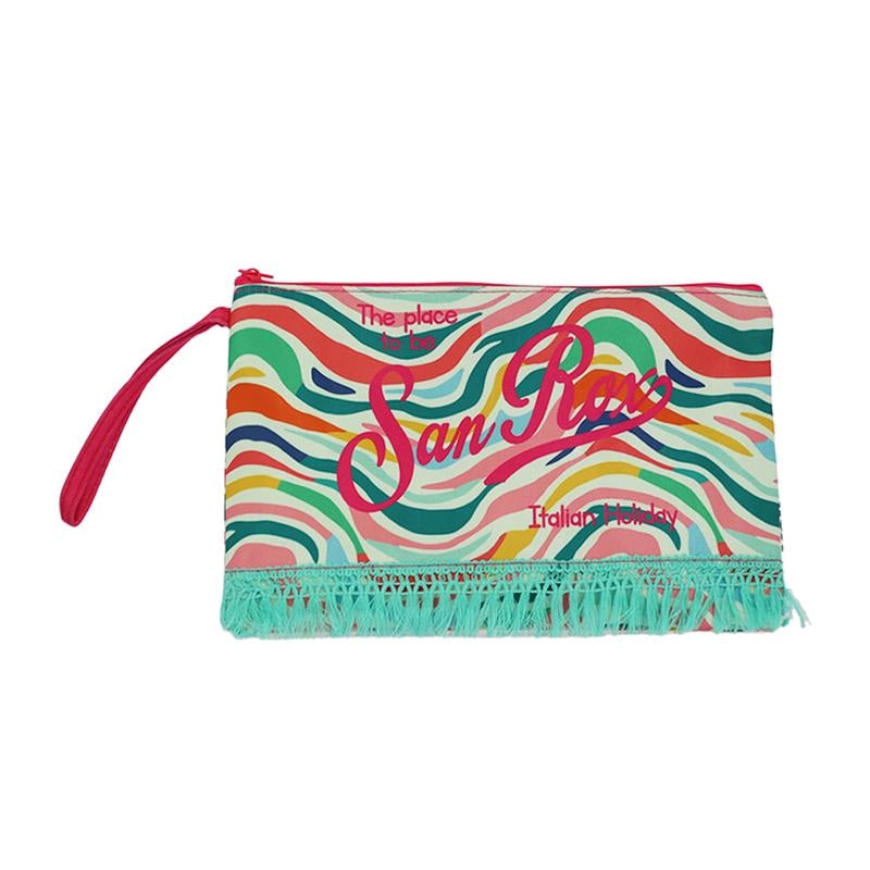 POUCHETTE MARE CON FRANGE E LACCETTO DA POLSO FANTASIA MULTICOLORE E SCRITTE  28X18 CM