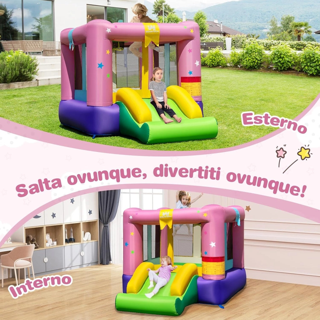 Castello Gonfiabile per Bambini, Castello con Trampolino, Scivolo e Canestro da Basket, Casa Gonfiabile Senza Ventilatore per Feste di Compleanno e Matrimonio, 240 x 174 x 143 cm