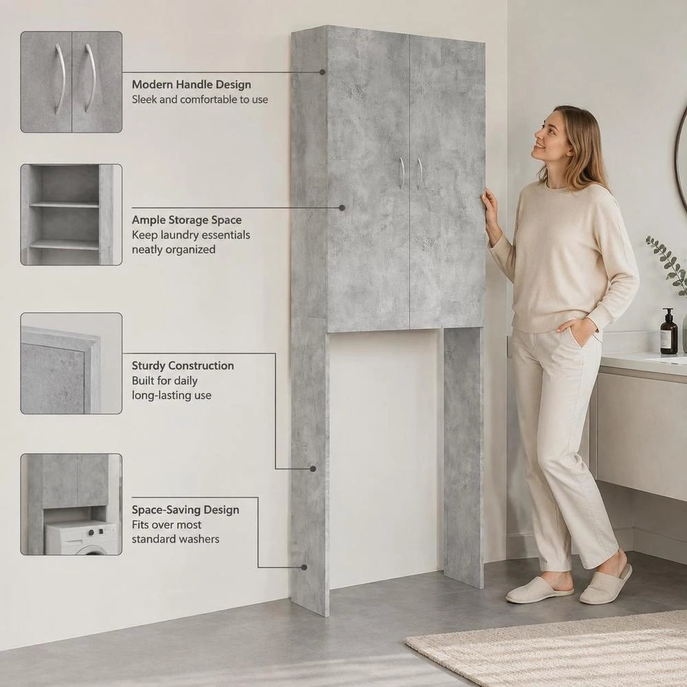 Washing Machine Cabinet, Concrete Grey, 64x25.5x190 Cm