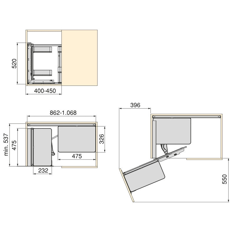 Carrello estraibile con cestelli e portapane Harmony con chiusura soft, Modulo larghezza 300mm altezza 700mm, Acciaio