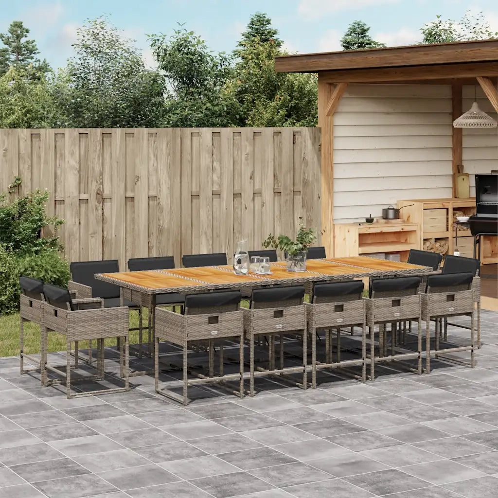 Set da Pranzo da Giardino 15 pz con Cuscini Grigio Polyrattan