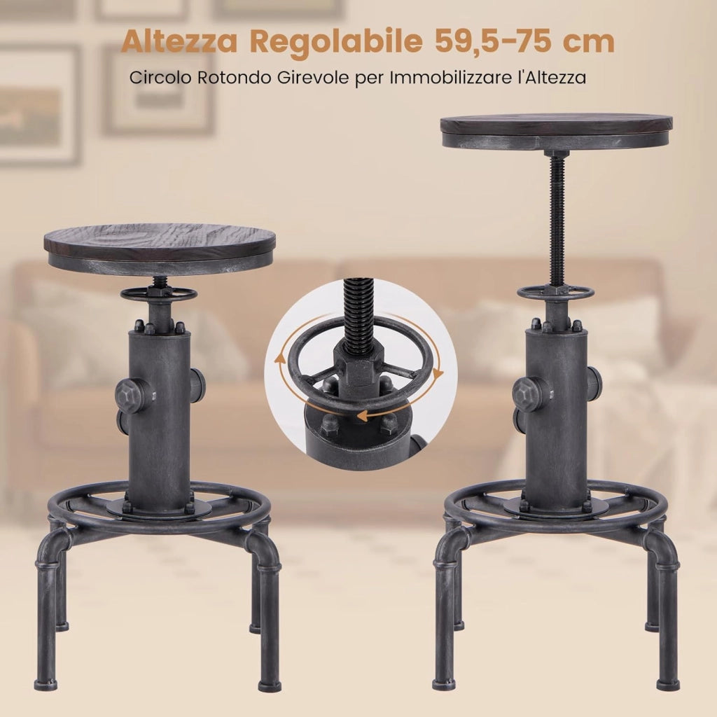 Sgabelli da Bar Industriale Girevole 360°, con Poggiapiedi, Sgabello Cucina Seduta Tonda Altezza Regolabile 60-75 cm, in Ferro e Pino (Grigio, 1)