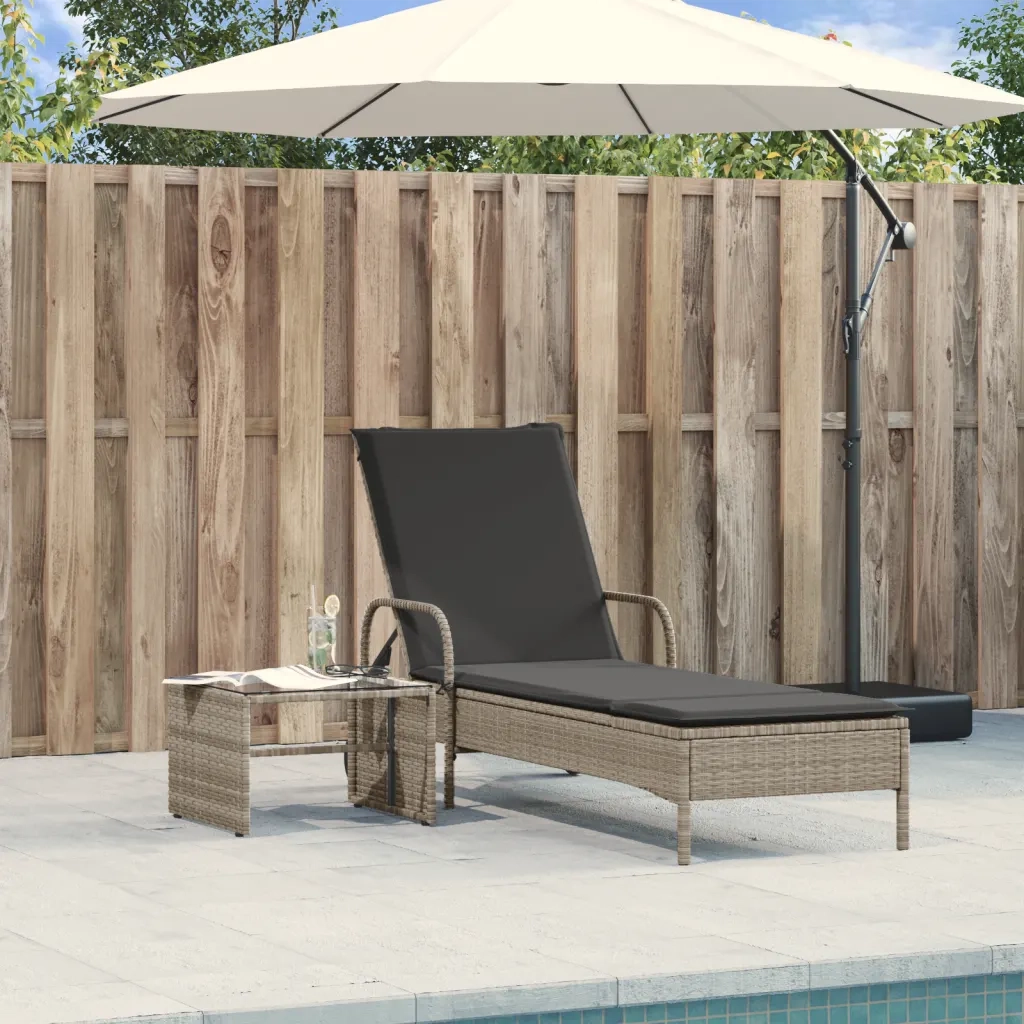 Lettino Prendisole | Sdraio da giardino | Lettino da sole con Ruote e Cuscino Polyrattan Grigio Chiaro