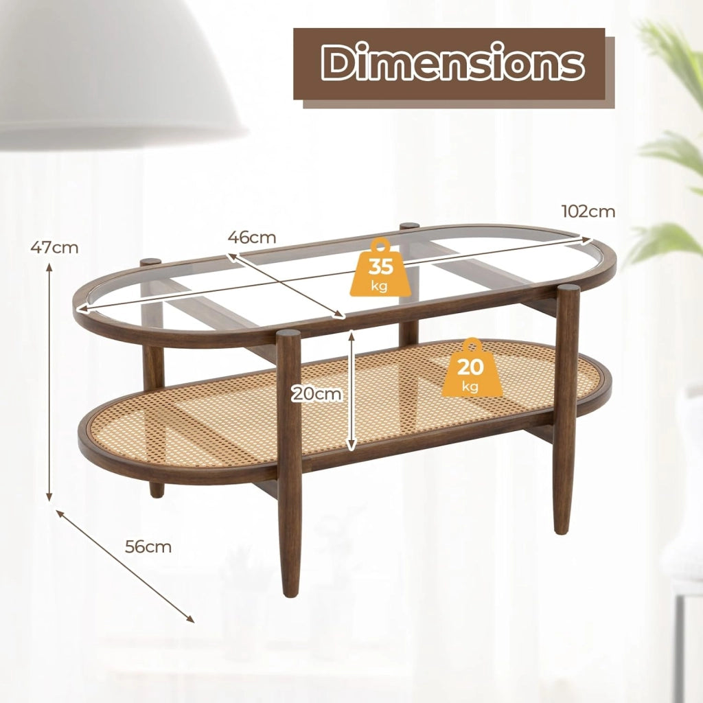 Tavolino ovale in rattan con piano in vetro e ripiano in rattan, 102 x 56 x 47 cm, tavolino da caffè per soggiorno, tavolino ovale con ripiano, tavolo da tè in rovere massiccio con gambe in