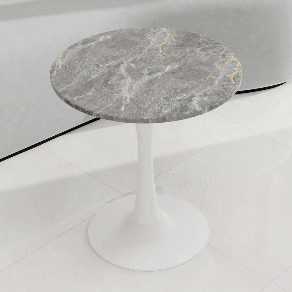 Tavolino rotondo in marmo artificiale; bianco anticato e grigio