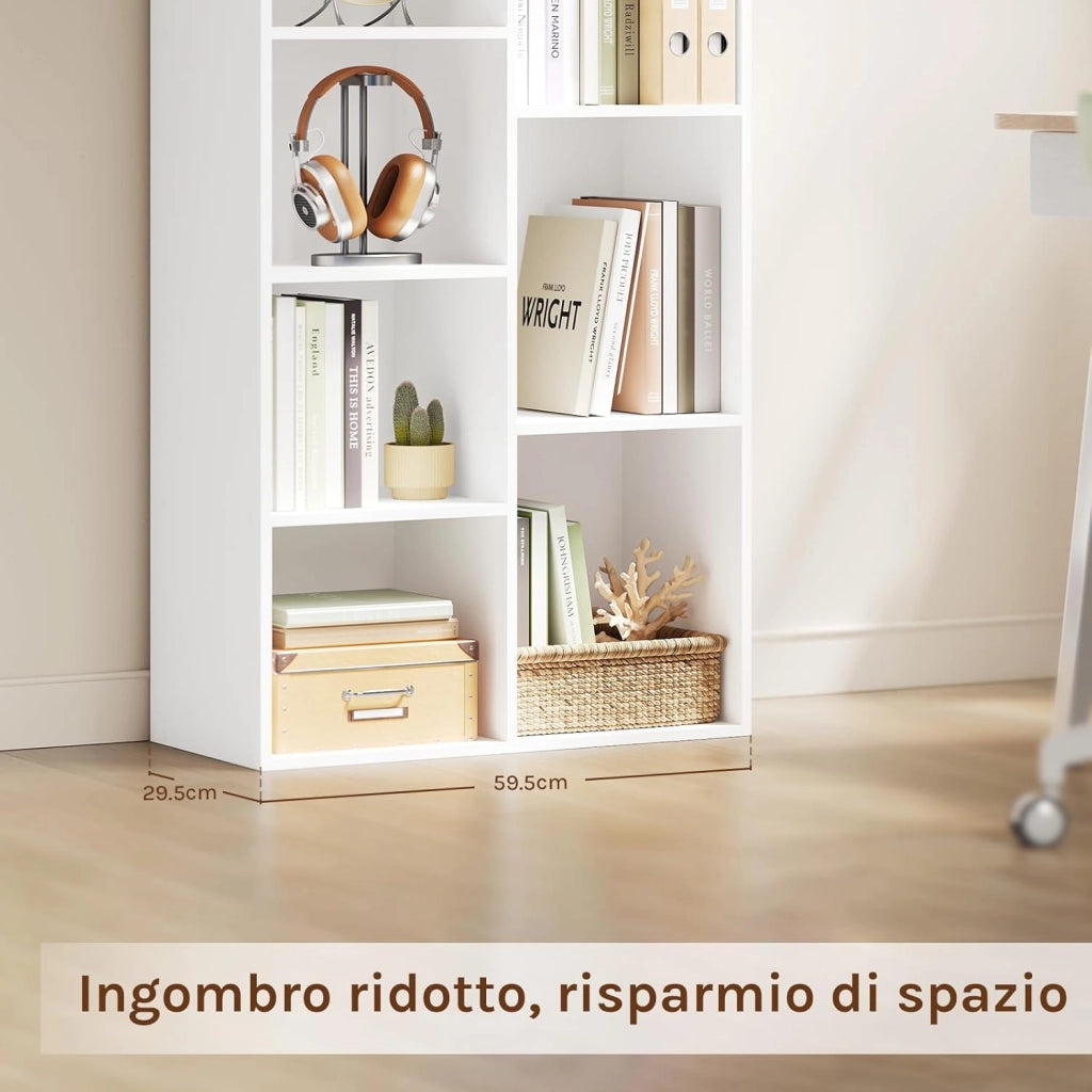 Libreria Bianca con 7 Scomparti a Giorno, Scaffale Moderno in Legno, Mobile Porta Libri Portaoggetti, Salvaspazio, per Ufficio, Studio, Salotto 59,5x29,5x108cm, SK004ws