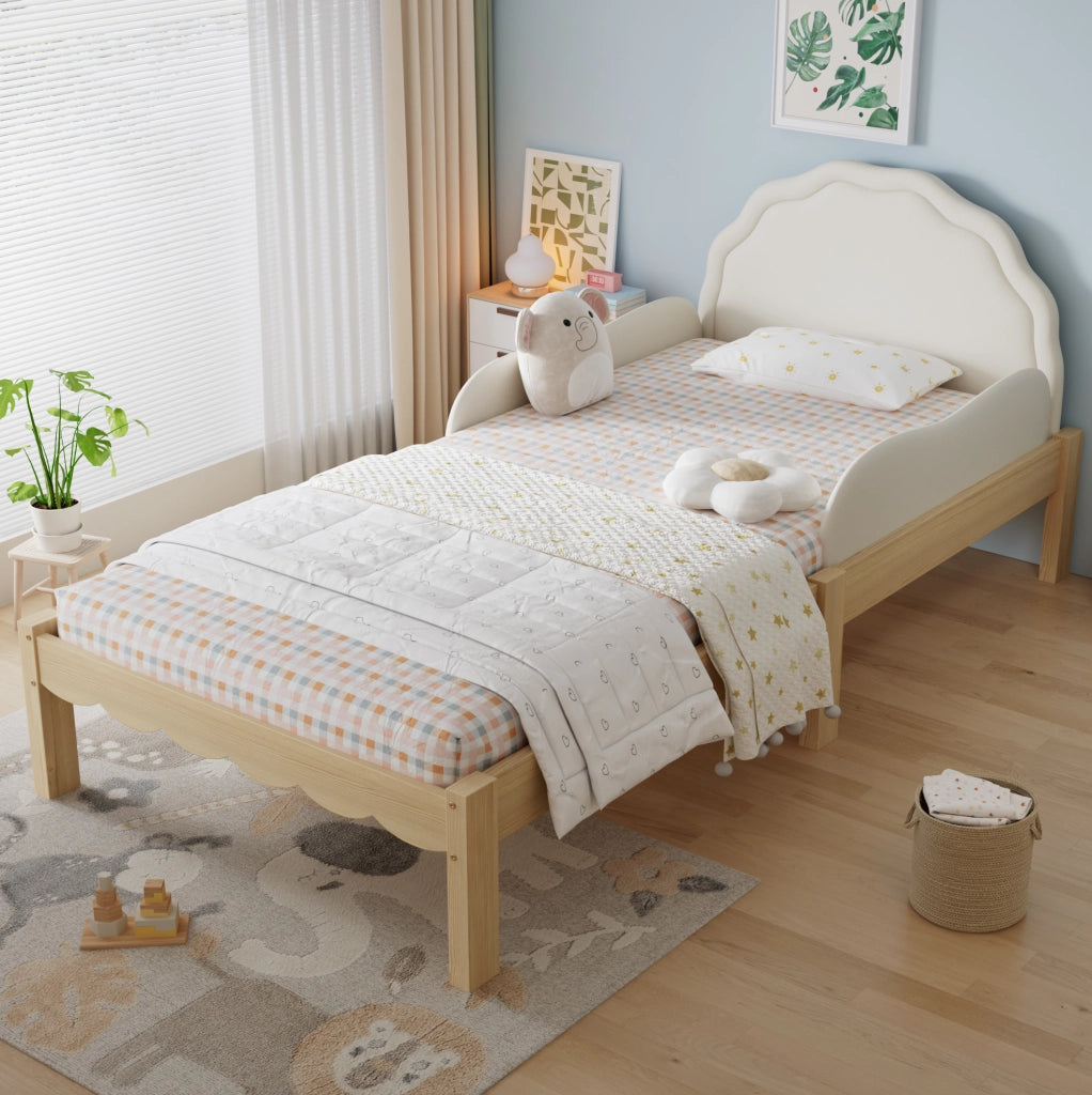 Letto imbottito 90x200 cm con testiera in PU e spondine laterali; legno beige naturale