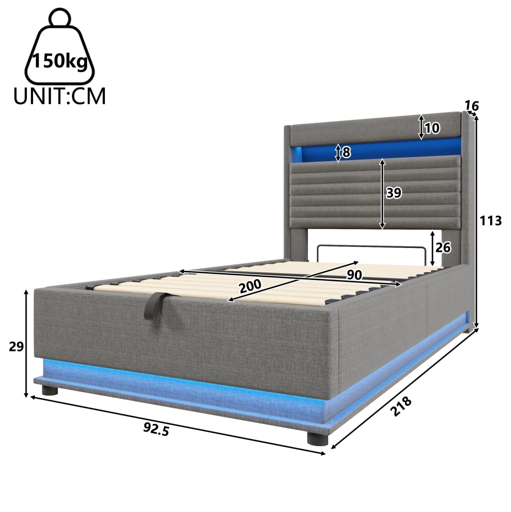 Letto imbottito 90x200 cm in lino grigio con contenitore idraulico; LED e porte USB
