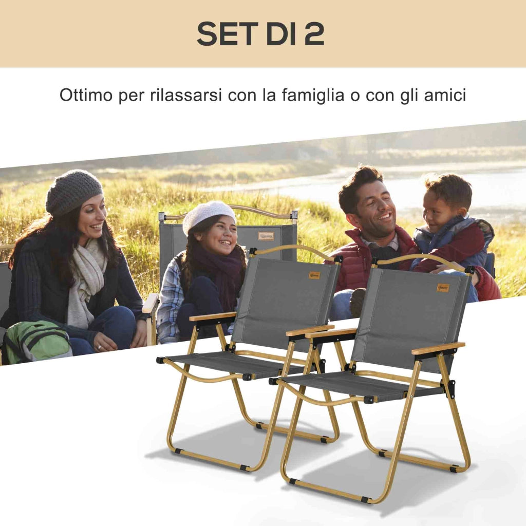 Set 2 Sedie per Esterni Pieghevoli con Braccioli in Tessuto Oxford e Acciaio, Grigio