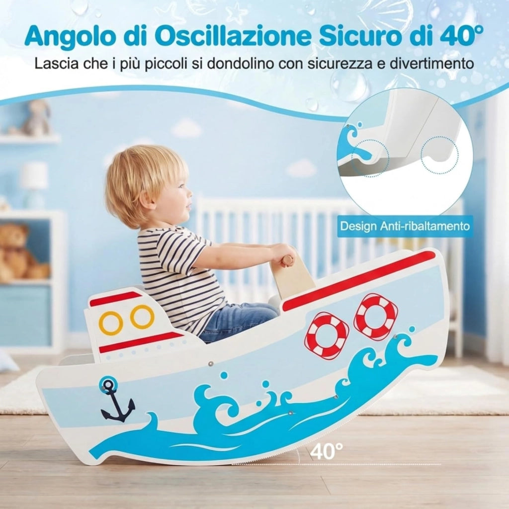 Cavallo a Dondolo per Bambini, Nave a Dondolo in Legno a Tema Nautico, Manici in Legno, Carico 50 kg, per Bambini 1-5 Anni