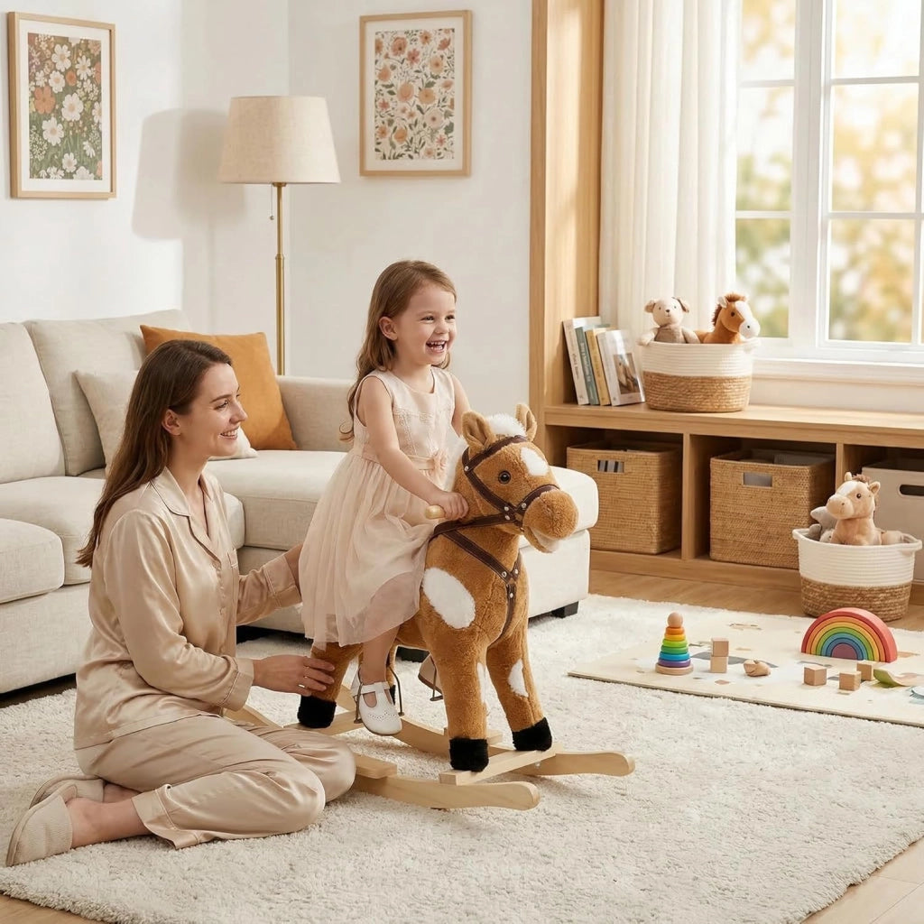 Cavallo a Dondolo in Legno per Bambini, Cavalluccio Cavalcabile in Peluche con Suoni, Giocattolo Regalo per Bimbi 1/2/3 Anni, Marrone e Bianco