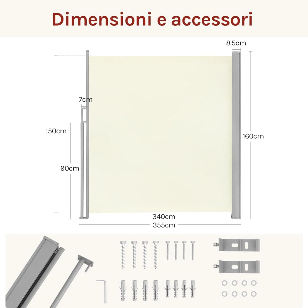 Paravento Esterno, Tenda Laterale Retrattile, 160x350 cm, Frangivista, Protezione Solare & Antivento, per Giardino, Balcone, Terrazza, Patio, Crema