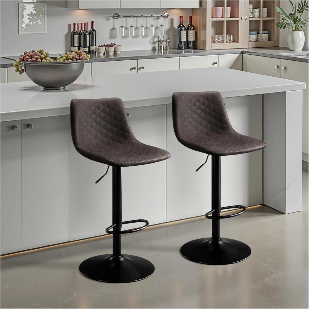 Set di 2 Sgabelli da Bar Pelle in Microfibra, Sgabello Cucina Girevole con Schienale, Sgabello Alto Regolabile con Poggiapiedi, Sgabello Bar Moderni per Isola ed Cucina-Marrone Scuro