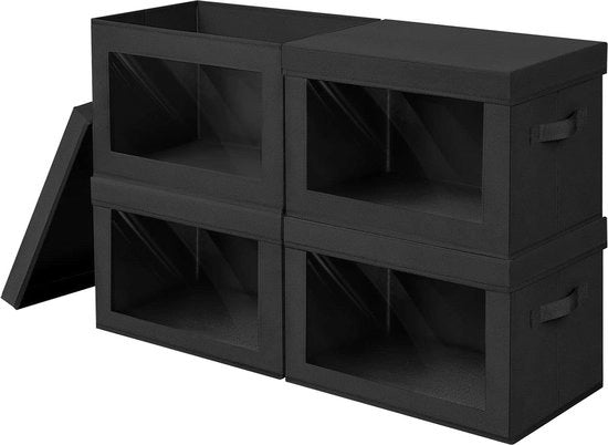 Set di 4 scatole ripiegabili con coperchi e finestra trasparente - Contenitore di stoffa con maniglia - Organizzatore di abbigliamento, giocattoli e libri - Nero