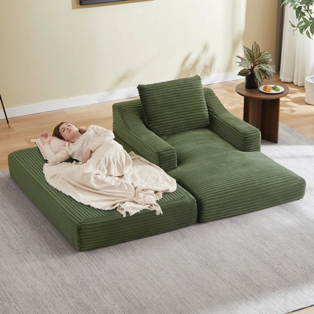 Fauteuil convertible in velluto a coste con design a doppio strato e cuscino estraibile per relax, schiuma verde