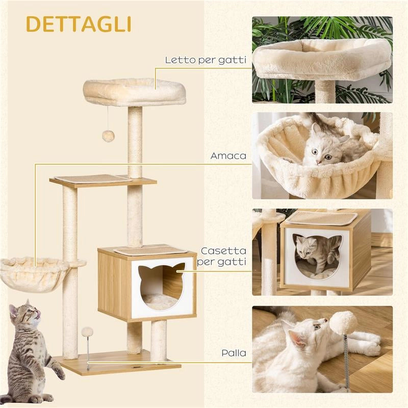 TIRAGRAFFI PER GATTI CON 2 PALI, CASETTA, AMACA, LETTINO E 2 PALLINE, IN LEGNO, PILE E SISAL, 48X40X126 CM