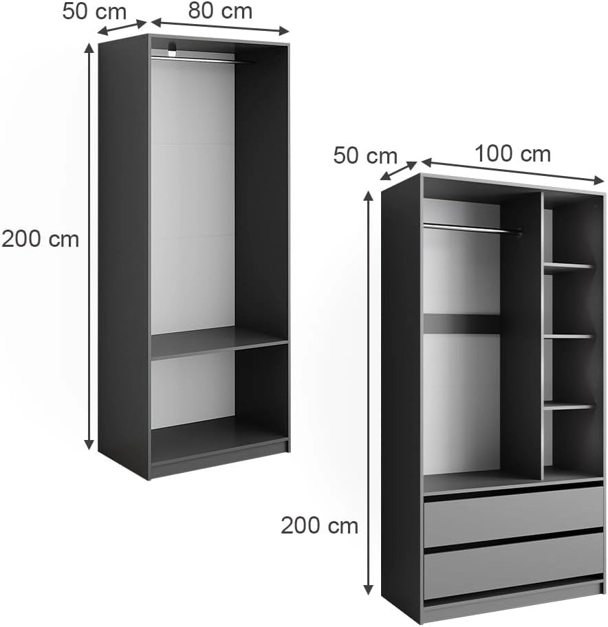 Armadio Elmo, Antracite, 180 x 200 cm Set di 2, per una conservazione flessibile di diversi capi di abbigliamento