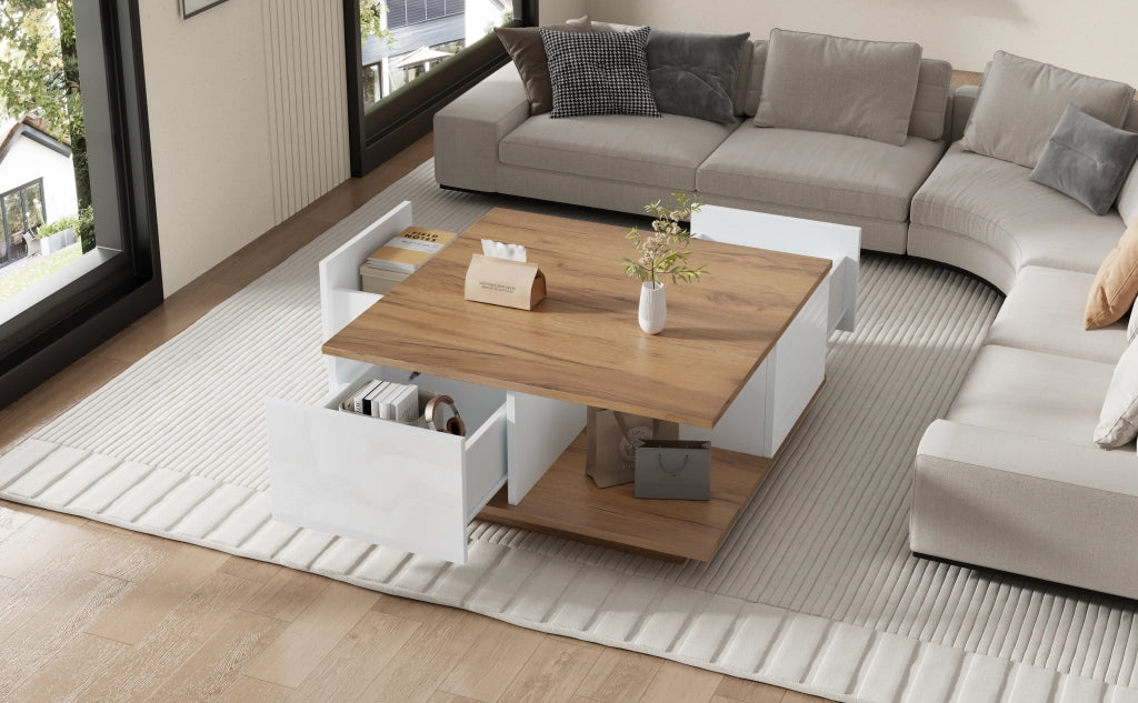 TAVOLO da caffè 70 x 70 x 31,5 cm Bianco e legno con 3 cassetti