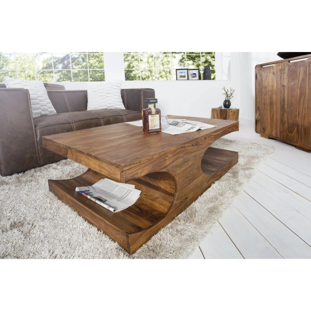 Tavolino basso NOMA 118 cm in legno di sheesham – Tavolino design in legno massiccio con nicchie