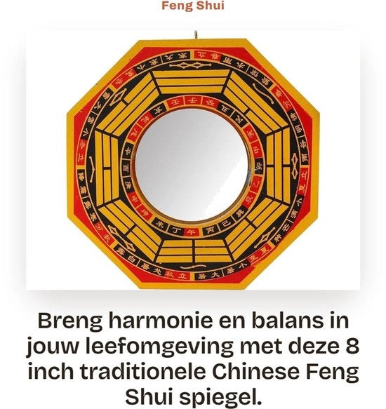 Specchio Feng Shui da Parete 20 cm - Tradizionale Specchio Bagua in Legno - Forma Sferica - Decorazione per la Fortuna - Protezione contro l'Energia Negativa - Rafforza il Chi Positivo - Specchio Decorativo