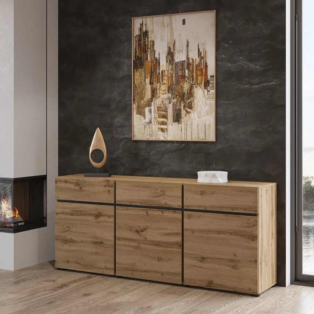 Buffet coloris chêne et noir 180cm collection HAVANA. Credenza design con 3 porte e 3 cassetti.