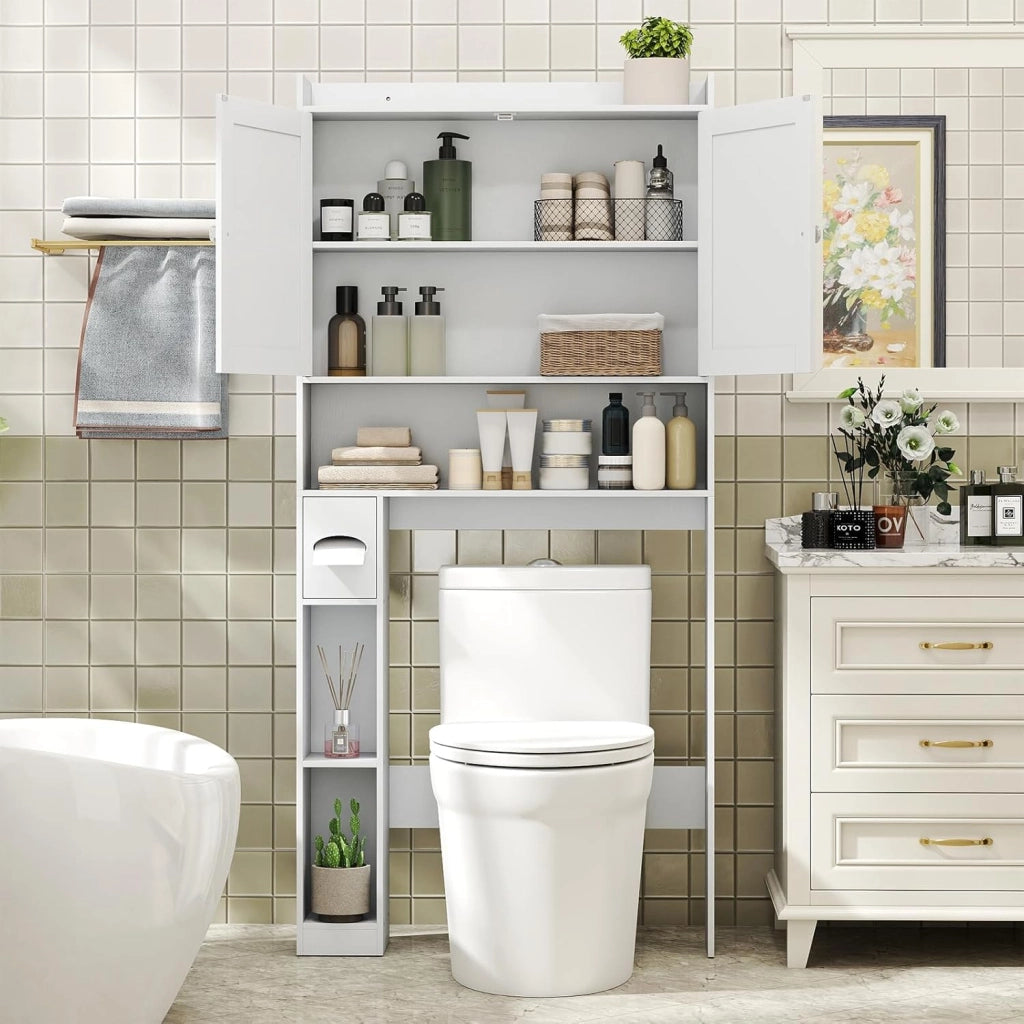 Mobile Sopra Lavatrice da Bagno, Armadietto su WC con Doppie Ante, Porta Carta Igienica e Ripiano Regolabile, Mobile Salvaspazio in Legno per Lavanderia, 81,5 x 19,5 x 172,5 cm (Bianco)