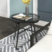 Tavolino da Giardino in Stile Boho in Rattan PE, Superficie in Vetro Temperato, 50x50x50 cm, Nero
