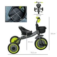 Triciclo per Bambini da 2-5 Anni con Seduta Regolabile e Campanello, 70.5x50x58cm, Nero