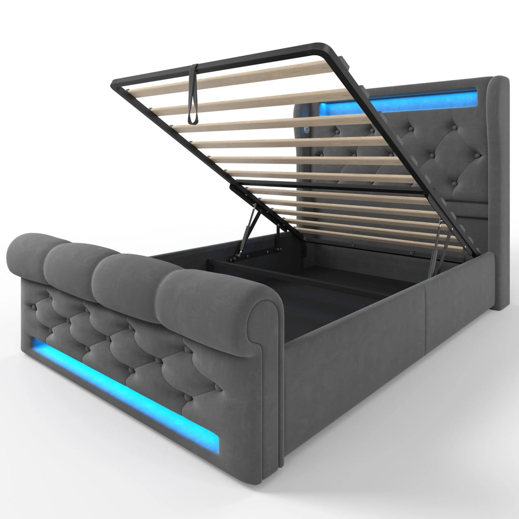 Letto imbottito con LED, USB e USB-C, contenitore idraulico, 90x200 cm, grigio